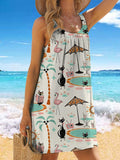 V-Neck Resort Hawaii Cocktail Black Cat Print Suspender Skirt Tankini Pantskirt Set Swimsuit