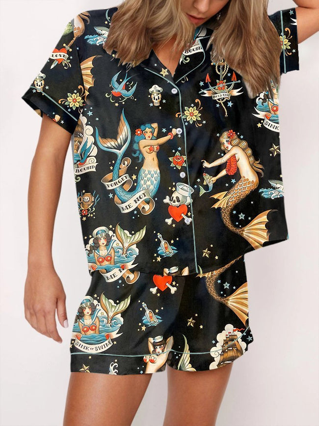 Retro Mermaid Print Pajama Set
