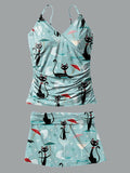 V-Neck Resort Cocktail Black Cat Print Suspender Skirt Tankini Pantskirt Set Swimsuit