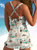V-Neck Resort Hawaii Cocktail Black Cat Print Suspender Skirt Tankini Pantskirt Set Swimsuit