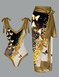 Vintage Butterfly Print V-neck One Piece Swimsuit With Beach Skirt
