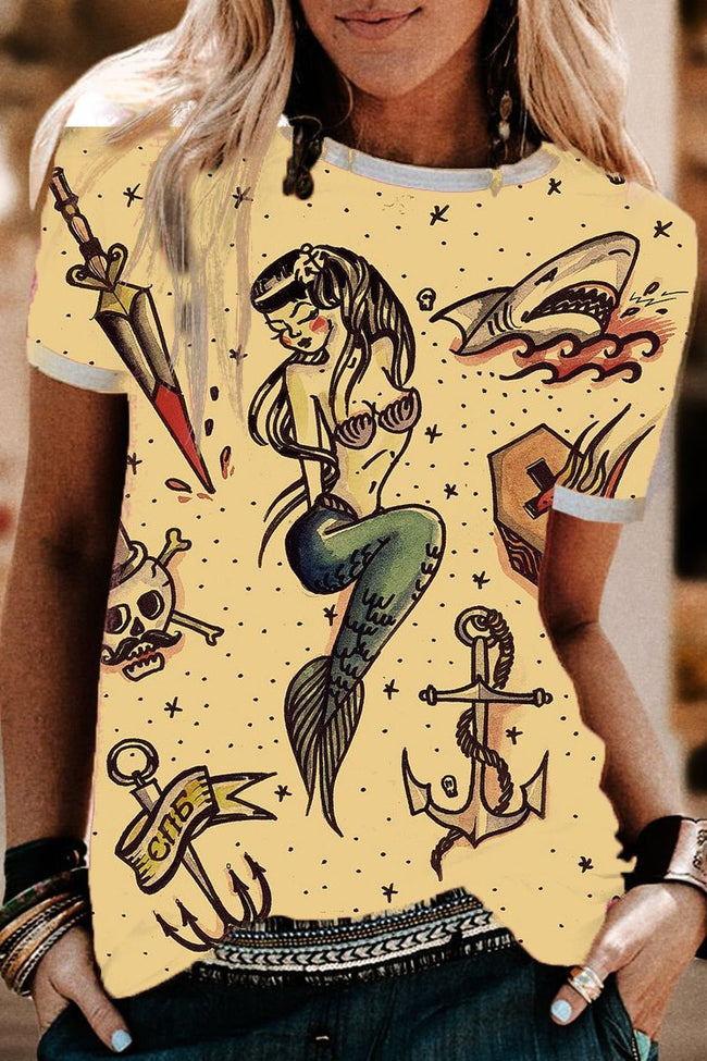 Hawaiian Mermaid Ocean Element Retro Print T-Shirt Blouse