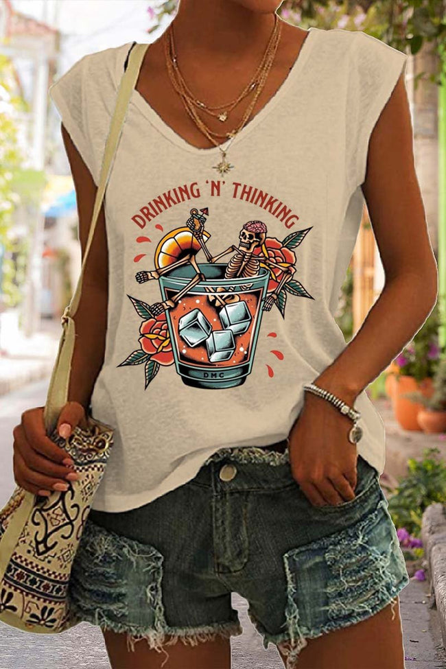Women's Drinking 'N' Thinking Print Sleeveless Tank Top