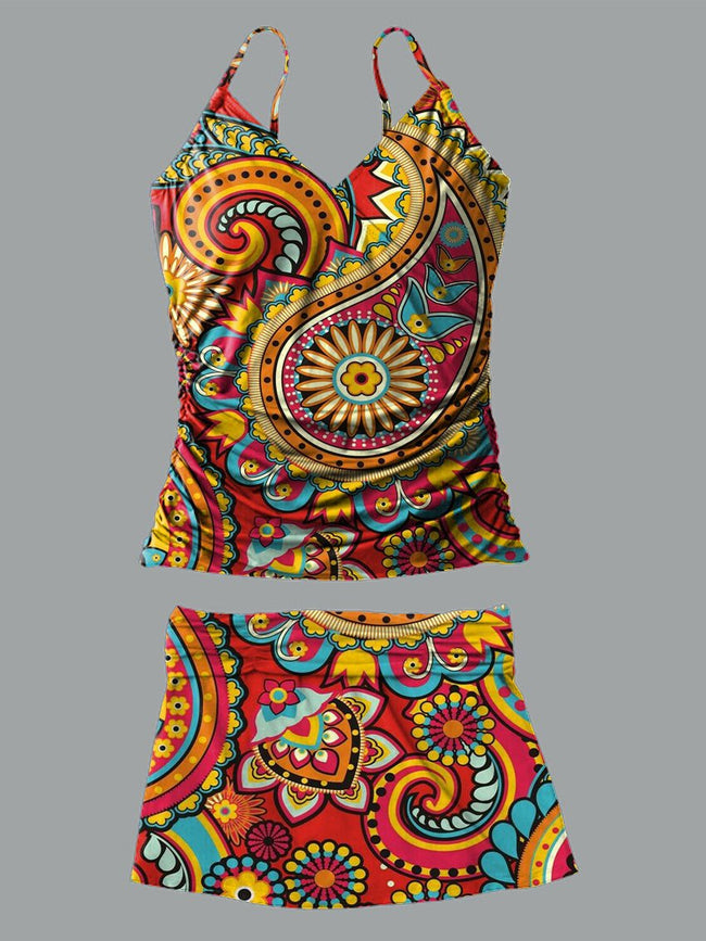 V-Neck Paisley Cashew Flowers Print Vest Pleated Tankini Set Swimsuit