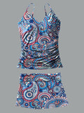 Women’s V-neck Paisley Ethnic Color Cashew Flower Print Suspender Skirt Tankini Set Swimsuit