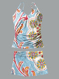 V-Neck Retro Flowers Art Print Vacation Halterneck Pleated Tankini Set Swimsuit