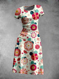 Women's Valentine's Day Floral Print Rould Neck Midi Dress
