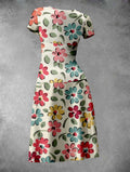 Women's Floral Print Rould Neck Midi Dress