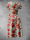 Women's Floral Print Rould Neck Midi Dress