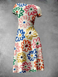Women's Valentine's Day Floral Print Rould Neck Midi Dress