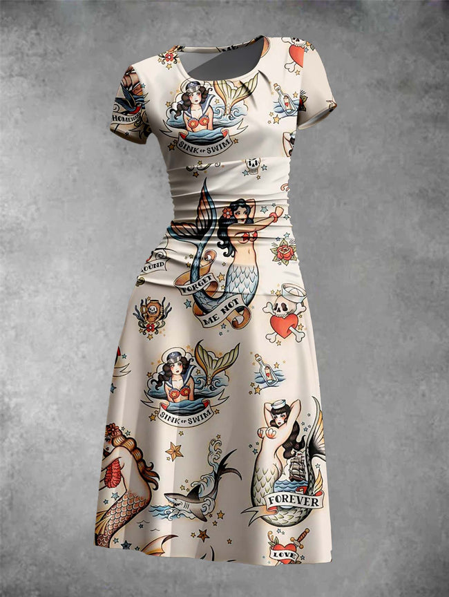 Women's Vintage Mermaid Print Rould Neck Midi Dress