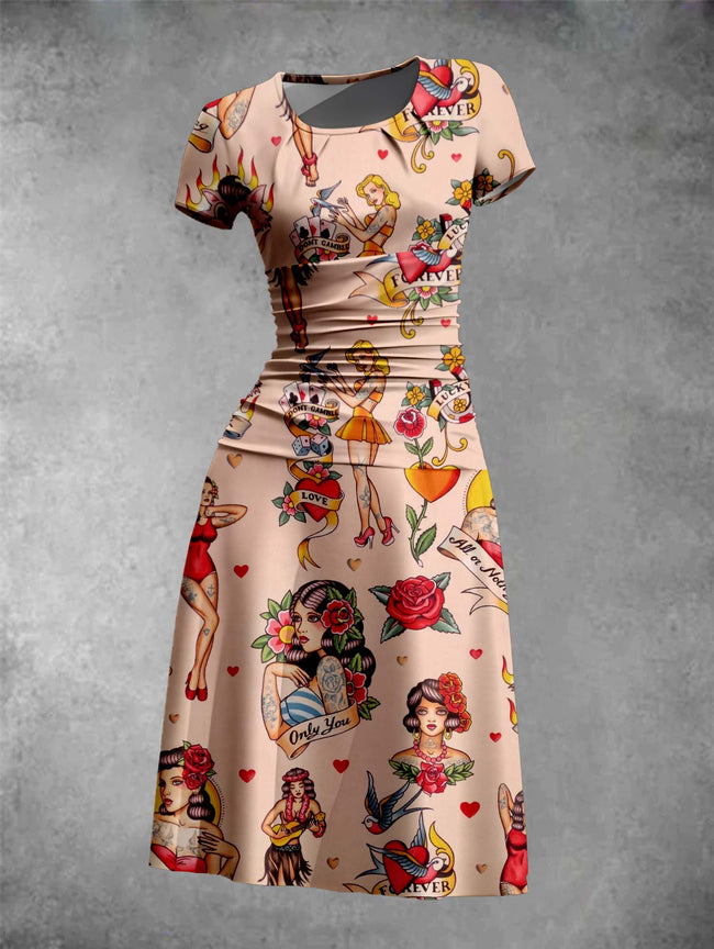 Women's Vintage Pin up Girl Print Rould Neck Midi Dress