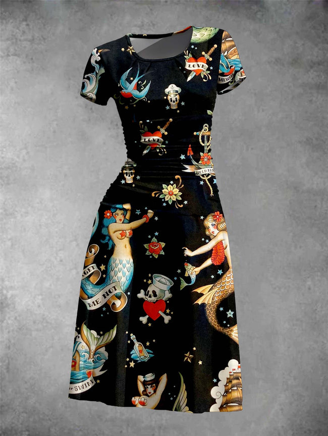 Women's Vintage Mermaid Print Rould Neck Midi Dress