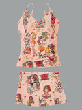 Women’s V-neck Vintage Pin up Girl Print Suspender Skirt Tankini Set Swimsuit