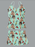 Women’s V-neck Vintage Hula Girl Print Suspender Skirt Tankini Set Swimsuit