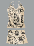 Women’s V-neck Vintage Tattoo Print Suspender Skirt Tankini Set Swimsuit