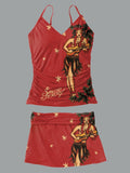 Women’s V-neck Vintage Hula Girl Print Suspender Skirt Tankini Set Swimsuit