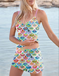 Women’s V-neck Mermaid Print Suspender Skirt Tankini Set Swimsuit