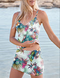 Women’s V-neck Vintage Print Suspender Skirt Tankini Set Swimsuit