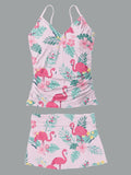 Women’s V-neck Flamingos Print Suspender Skirt Tankini Set Swimsuit