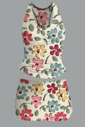 Round Neck Racer Back Cute Floral Print Skirt Tankini Set Swimsuit