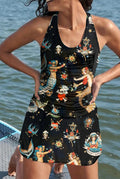 Round Neck Racer Back Mermaids Print Skirt Tankini Set Swimsuit