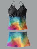 Women’s V-neck Colorful Print Suspender Skirt Tankini Set Swimsuit