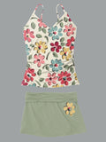 Women’s V-neck Floral Print Suspender Skirt Tankini Set Swimsuit