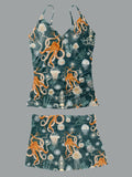 Women’s V-neck Octopus Print Suspender Skirt Tankini Set Swimsuit