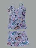 Women’s V-neck Vintage Boho Print Suspender Skirt Tankini Set Swimsuit