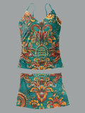 Women’s V-neck Floral Print Suspender Skirt Tankini Set Swimsuit