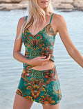 Women’s V-neck Floral Print Suspender Skirt Tankini Set Swimsuit