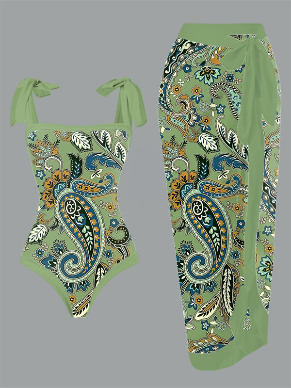 Vintage Green Print One Piece Swimsuit And Cover Up