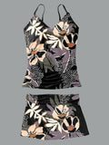 Women’s V-neck Floral Print Suspender Skirt Tankini Set Swimsuit