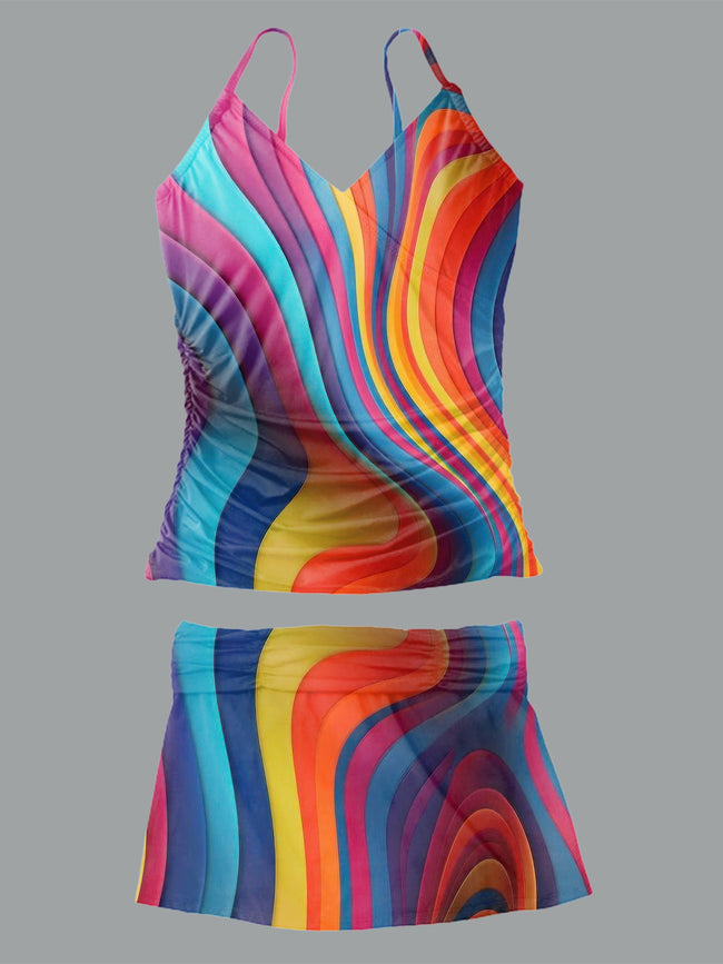 Women’s V-neck Rainbow Print Suspender Skirt Tankini Set Swimsuit