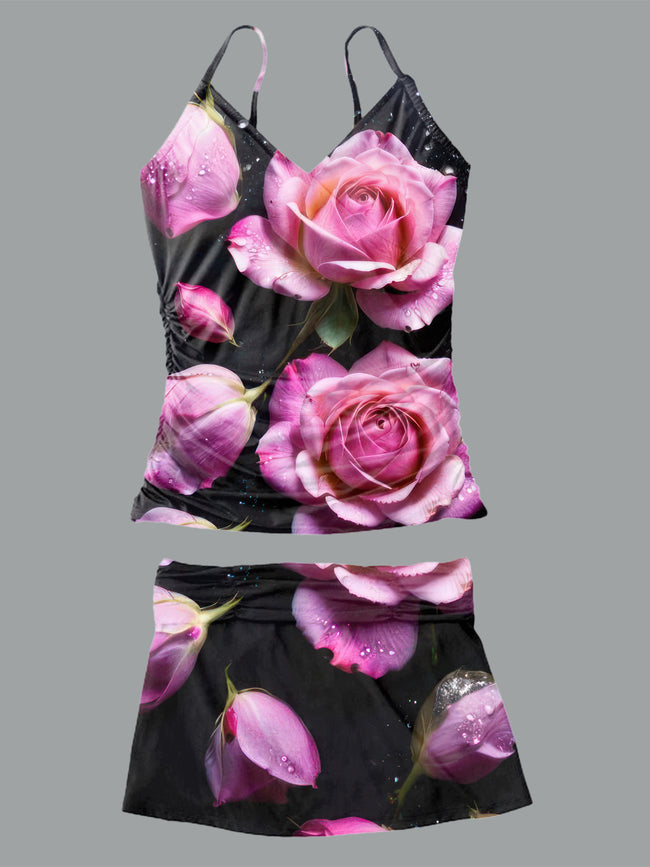 Women’s V-neck Flowers Printed Suspender Skirt Tankini Set Swimsuit