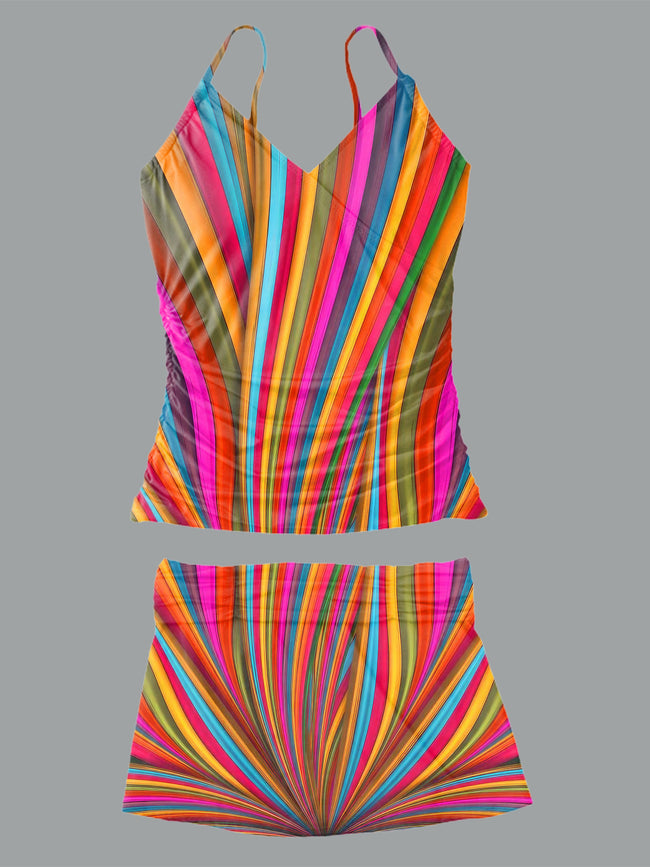 Women’s V-neck Rainbow Print Suspender Skirt Tankini Set Swimsuit