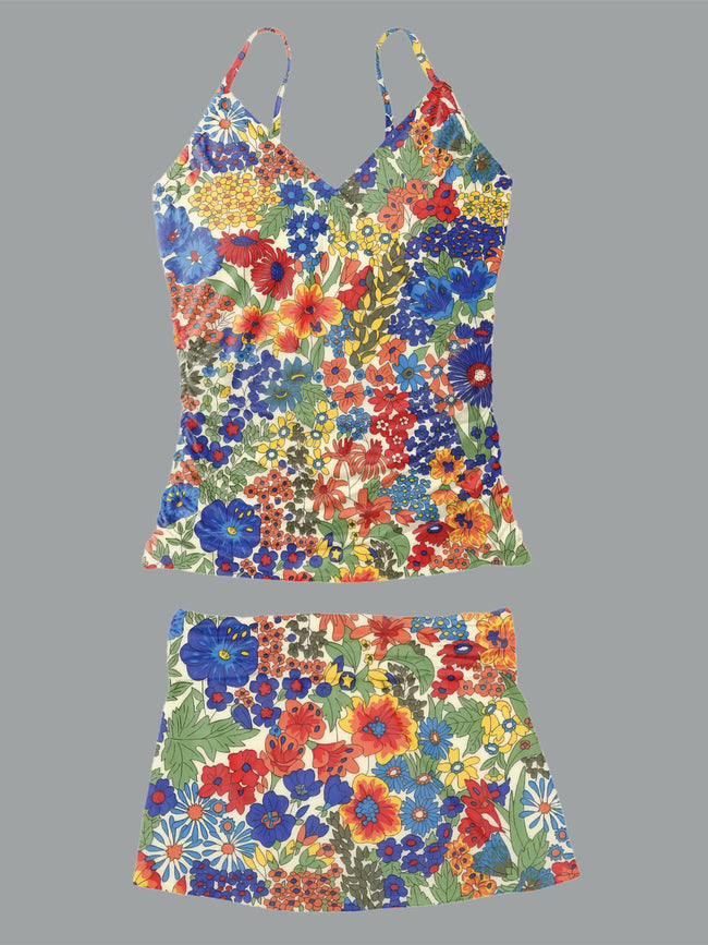 Women’s V-neck Retro Flowers Printed Suspender Skirt Tankini Set Swimsuit