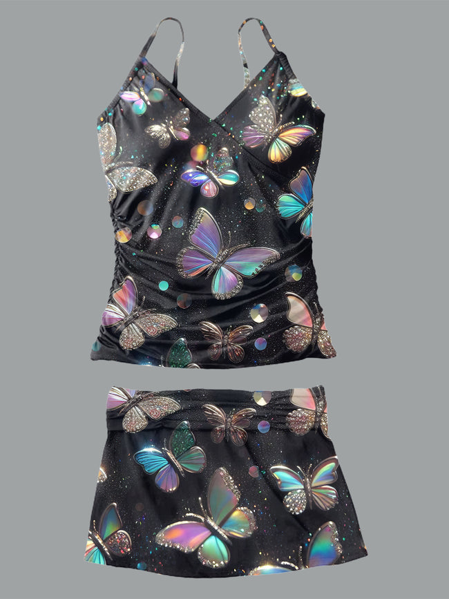 Women’s V-neck Butterfly Printed Suspender Skirt Tankini Set Swimsuit