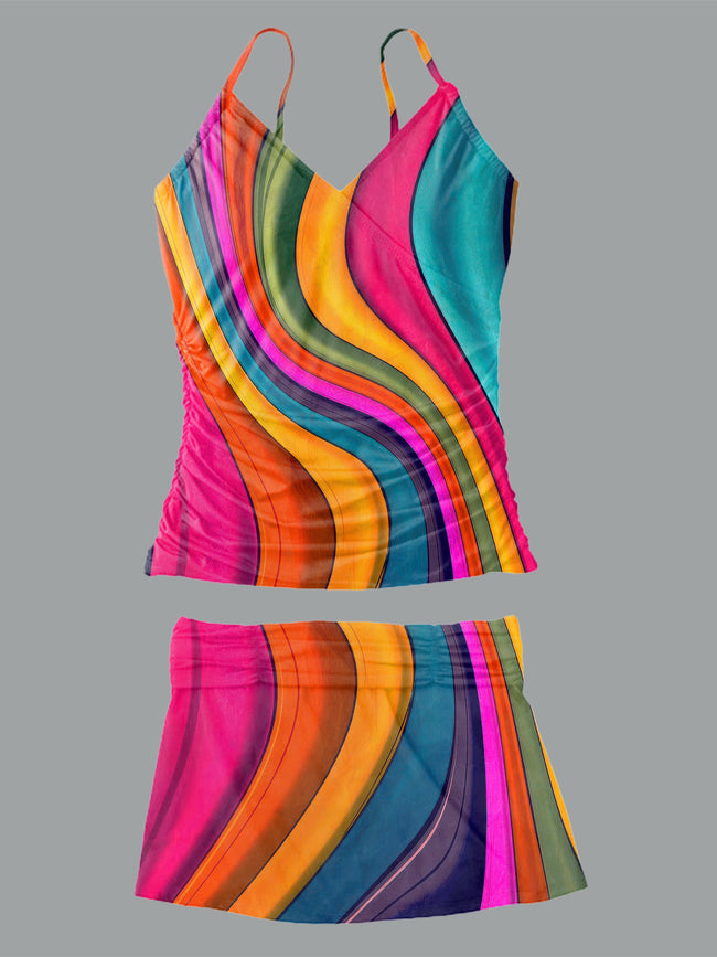 Women’s V-neck Rainbow Print Suspender Skirt Tankini Set Swimsuit