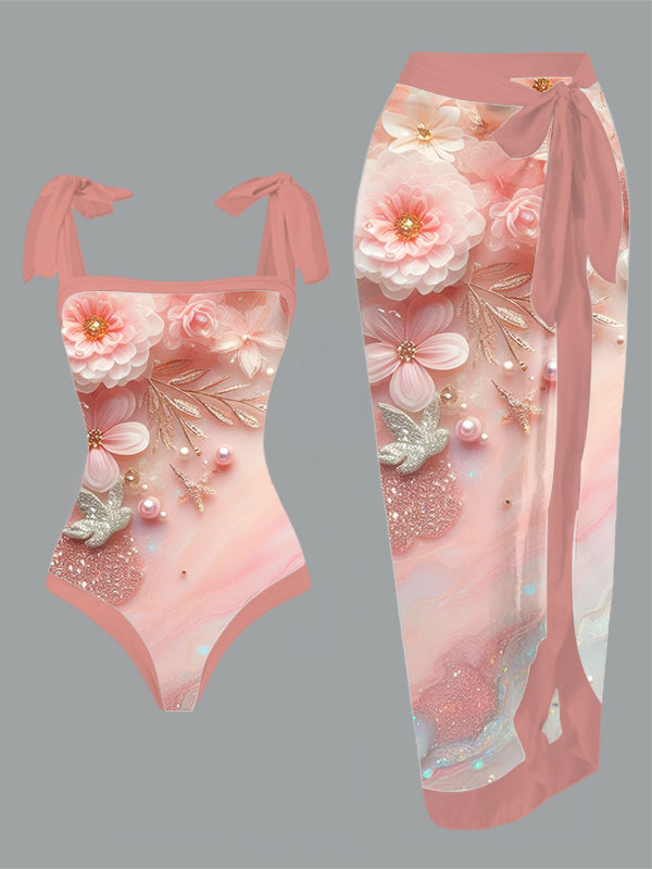 Vintage Floral Pink Opal Print One Piece Swimsuit And Cover Up
