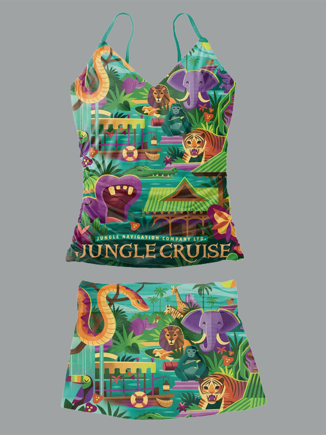 Women’s V-neck Retro Jungle Cruise Print Suspender Skirt Tankini Set Swimsuit