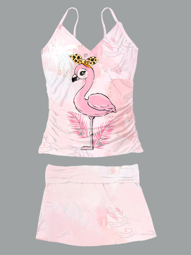 Women’s V-neck Cute Flamingo Print Suspender Skirt Tankini Set Swimsuit