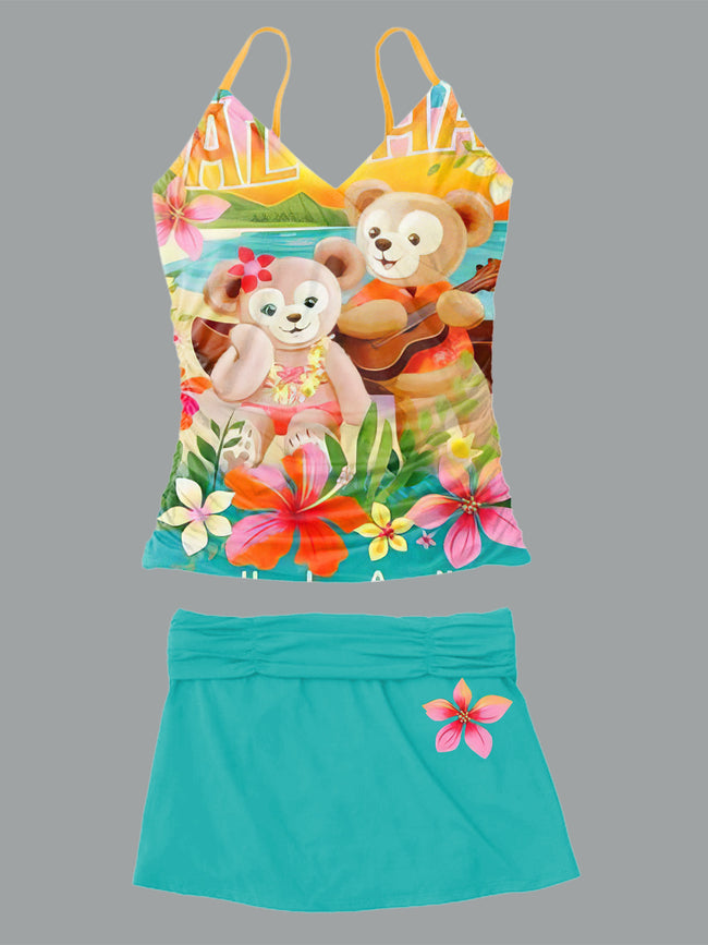Women’s V-neck Cute Cartoon and Flowers Print Suspender Skirt Tankini Set Swimsuit