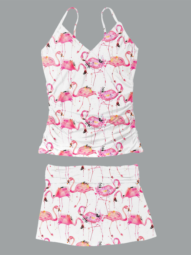 Women’s V-neck Vintage Flamingos making a splash Print Suspender Skirt Tankini Set Swimsuit