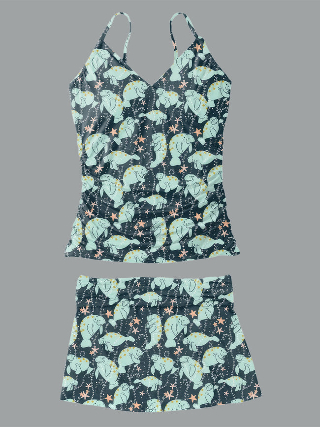 Women’s V-neck Vintage the Hue-Manatee Print Suspender Skirt Tankini Set Swimsuit