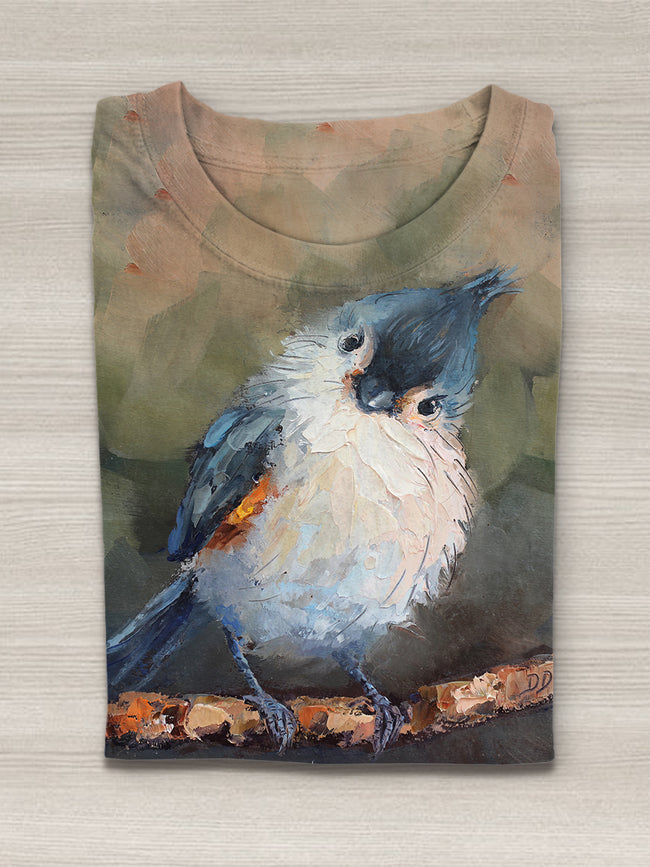 Retro Tufted Titmouse bird Printed T-Shirt