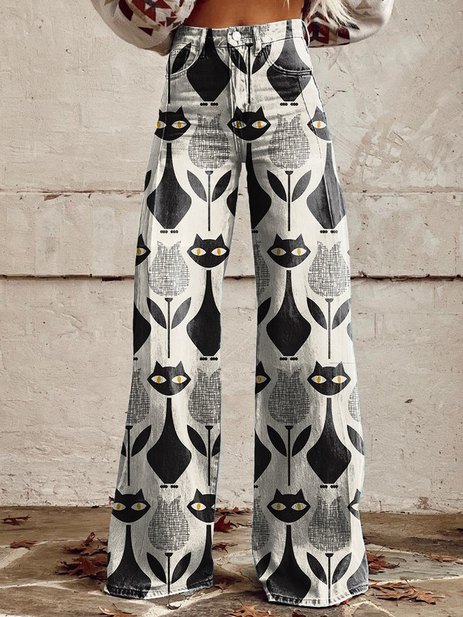 Women's Vintage Black Cats And Black Tulips Printed Casual Wide Leg Pants