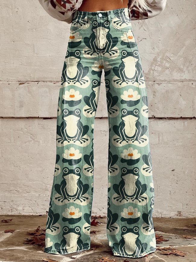 Women's Vintage leap year frogs Printed Casual Wide Leg Pants