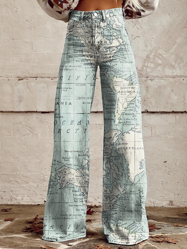 Women's Vintage Soft Blue and cream map Printed Casual Wide Leg Pants